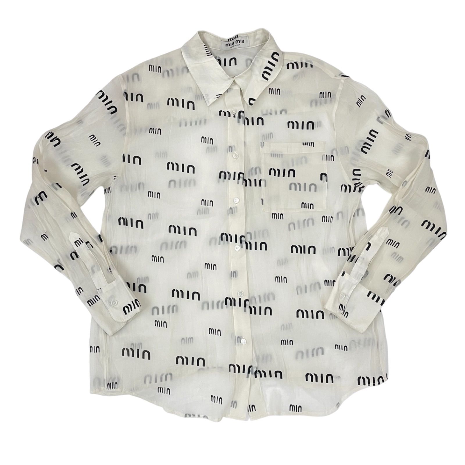 miumiu シースルー 長袖シャツ ロゴシャツ イタリア製 総柄 ホワイト