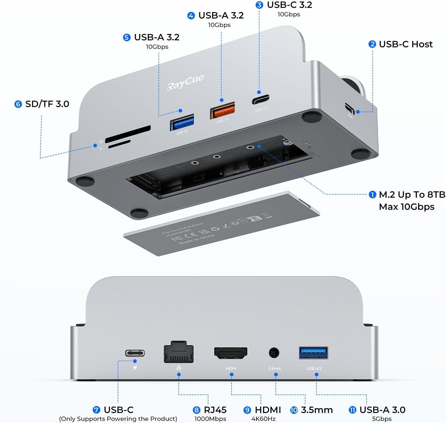 MiniDock Mac mini M4 ドック&スタンド 8TB M.2 SSDエンクロージャ付き (SSDは含まれていません)、USB A 10Gbps、SD/TFカードスロットx2、3.5mmオーディオ、Mac mini M4およびM4 Pro用