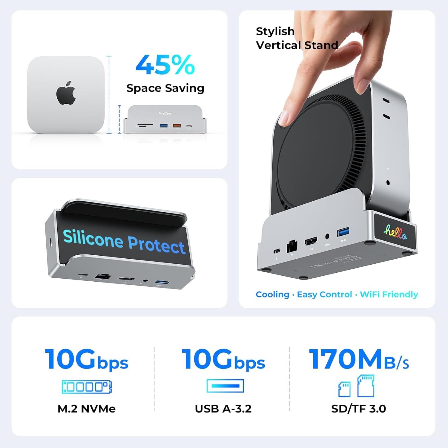 MiniDock Mac mini M4 ドック&スタンド 8TB M.2 SSDエンクロージャ付き (SSDは含まれていません)、USB A 10Gbps、SD/TFカードスロットx2、3.5mmオーディオ、Mac mini M4およびM4 Pro用