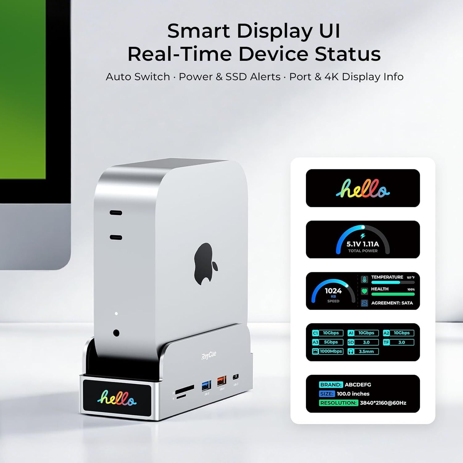 MiniDock Mac mini M4 ドック&スタンド 8TB M.2 SSDエンクロージャ付き (SSDは含まれていません)、USB A 10Gbps、SD/TFカードスロットx2、3.5mmオーディオ、Mac mini M4およびM4 Pro用