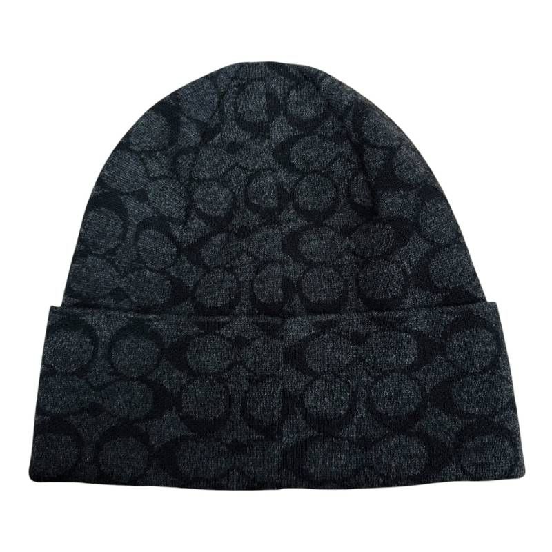 美品☆COACH コーチ☆ニット帽 ビーニー 帽子 シグネチャー ブラック