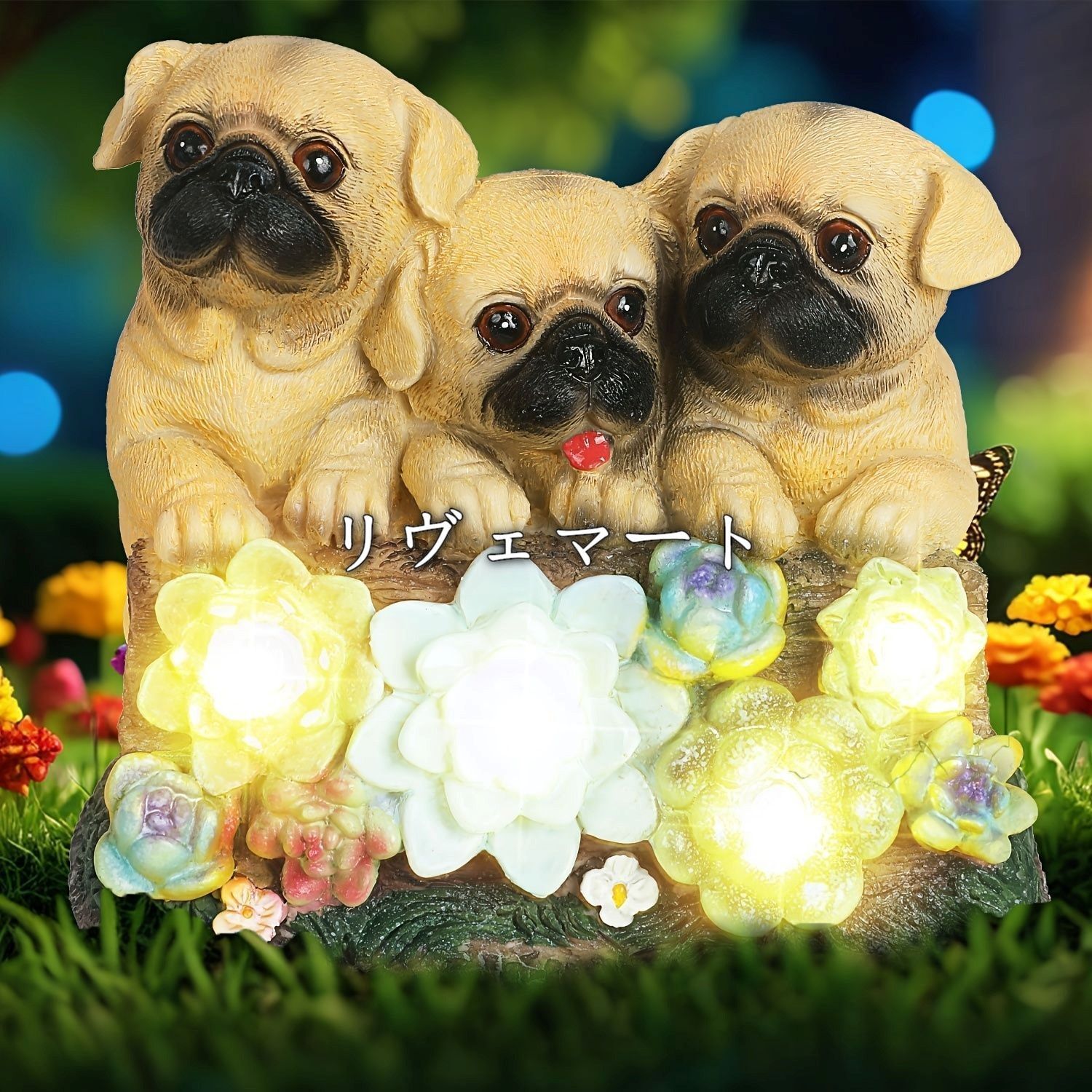 ソーラーライト ガーデンライト ガーデンオーナメント 花と3匹の子犬 パグ 庭オブジェ 置物 癒しグッズ ガーデニング お庭 玄関ライト 園芸装飾 オシャレ ギフト プレゼント 樹脂 可愛い