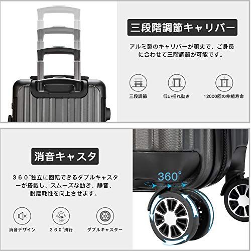 [VARNIC] スーツケース キャリーバッグ キャリーケース 機内持込 超軽量 大型 静音 ダブルキャスター 耐衝撃 360度回転 TSAローク搭載 ファスナー式 旅行 ビジネス 出張 (グレー,Sサイズ/機内持込/40.5L(1?3泊)) 11912f32