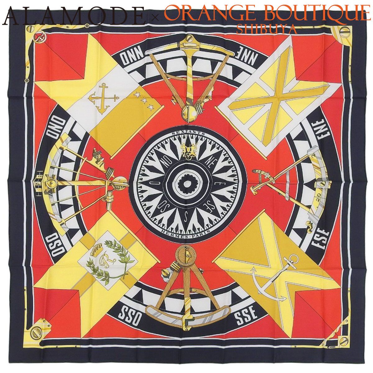 HERMES(エルメス) SEXTANT 六分儀 カレ90 ブラック黒 レッド赤 シルク スカーフ 大判スカーフ ストール ファッション小物 レディース 40802203264【中古】【アラモード】