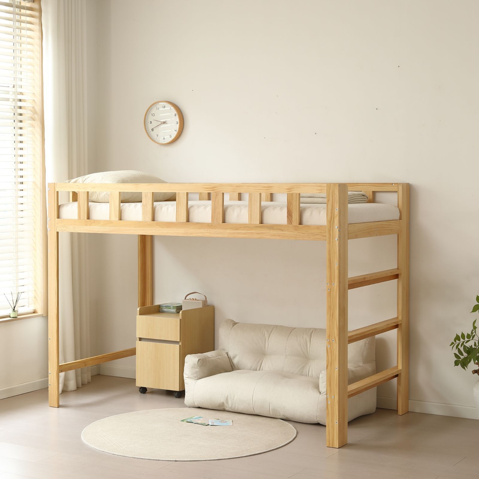 ロフトベッド 木製 高さ140cm シングル ミドルタイプ 天然木 ベッド はしご付き 木製ベッド 耐荷重150kg 頑丈 耐震 省スペース 収納 ベッド下活用 子供 大人用 一人暮らし ホワイト✕ナチュラル 19,125円