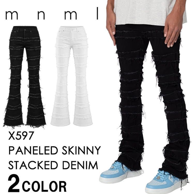 【2カラー】mnml ストレッチスタックデニムパンツ【スキニーフレア】【黒】【白】【裾溜め】【28〜34】
