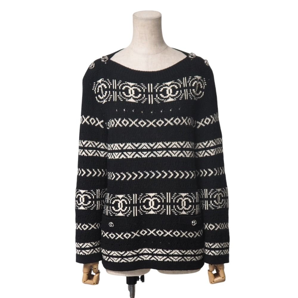 【新品未使用】CHANELココマーク　マスタード 長袖ニットセーター　レディース □未使用品□CHANEL シャネル ニット サイズ36 20P 総柄 ココマーク CC