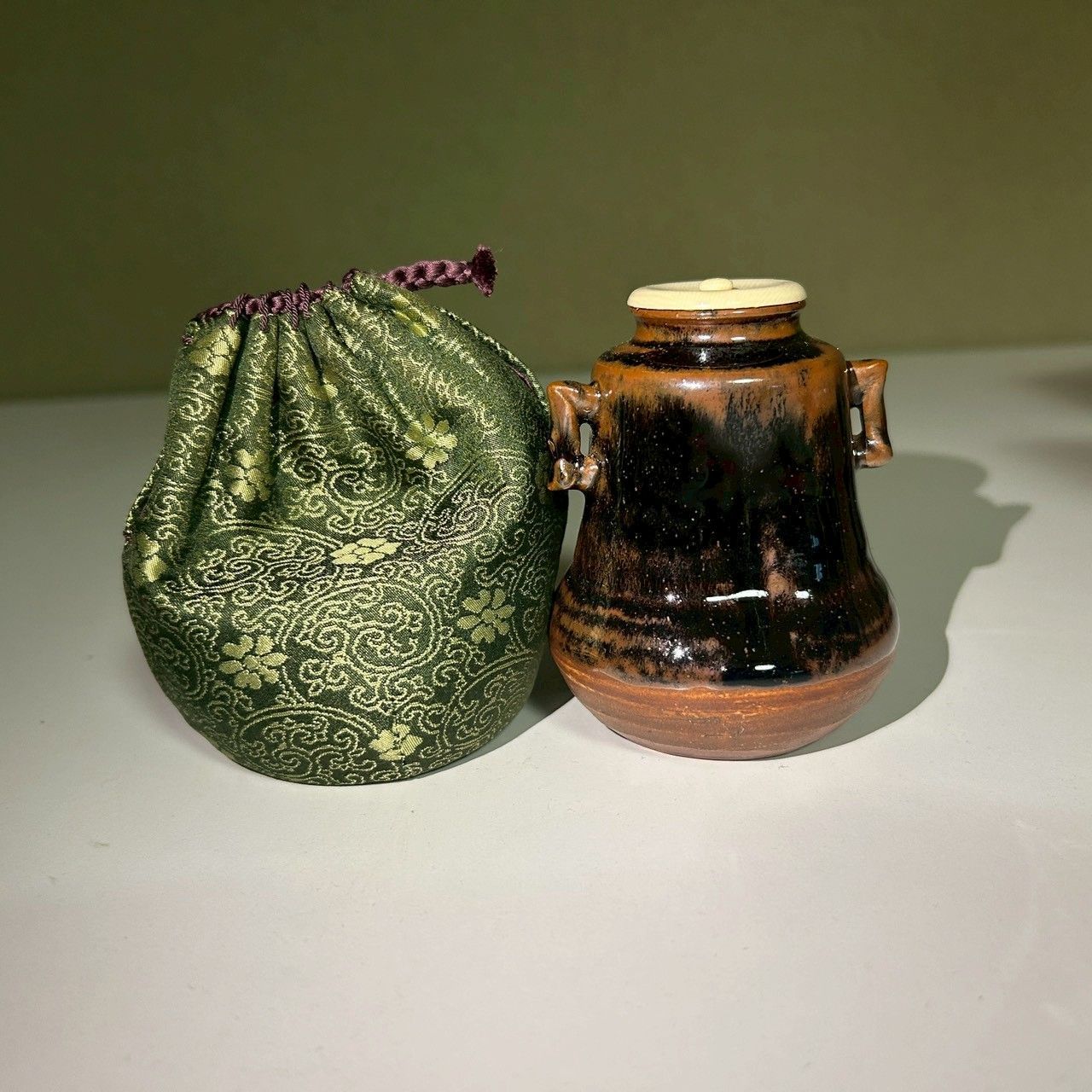 茶入 茶道具 玄華焼 耳付茶入 共箱・仕覆付 茶器 茶席 抹茶入れ 骨董