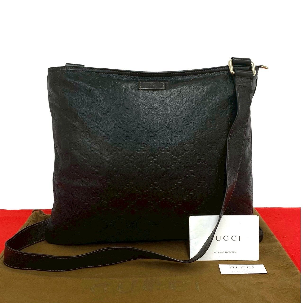 極 美品 袋付き GUCCI グッチ グッチシマ GG ロゴ レザー 本革 ショルダーバッグ サコッシュ ポシェット メンズ ブラウン 茶 57693