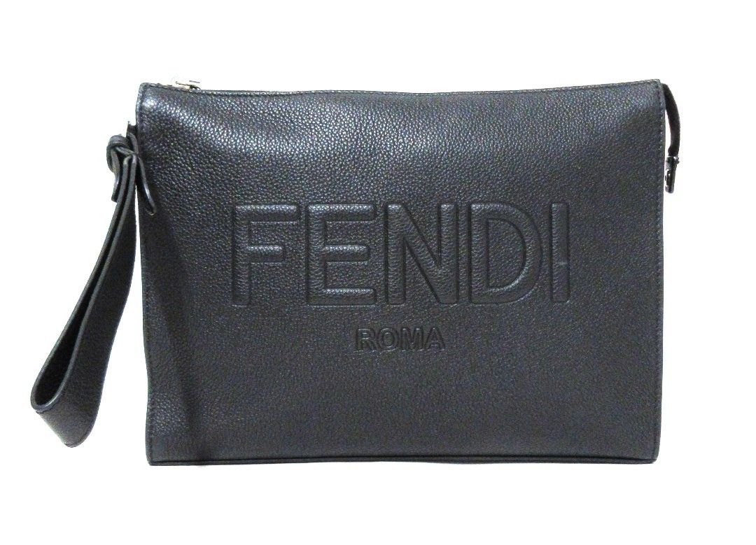 FENDI/フェンディ　ローマ　エンボスレザー　フラットポーチ　レザークラッチバック　7VA491 本革　ブラック　クラッチバッグ　セカンドバッグ　【中古】