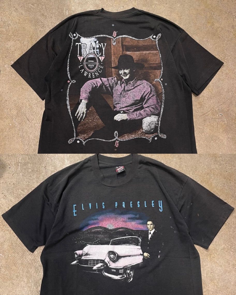 【 90’s USA製 / Elvis Presley / Tracy Lawrence 】フルーツオブザルーム　両面プリント　バンドTシャツ　XL
