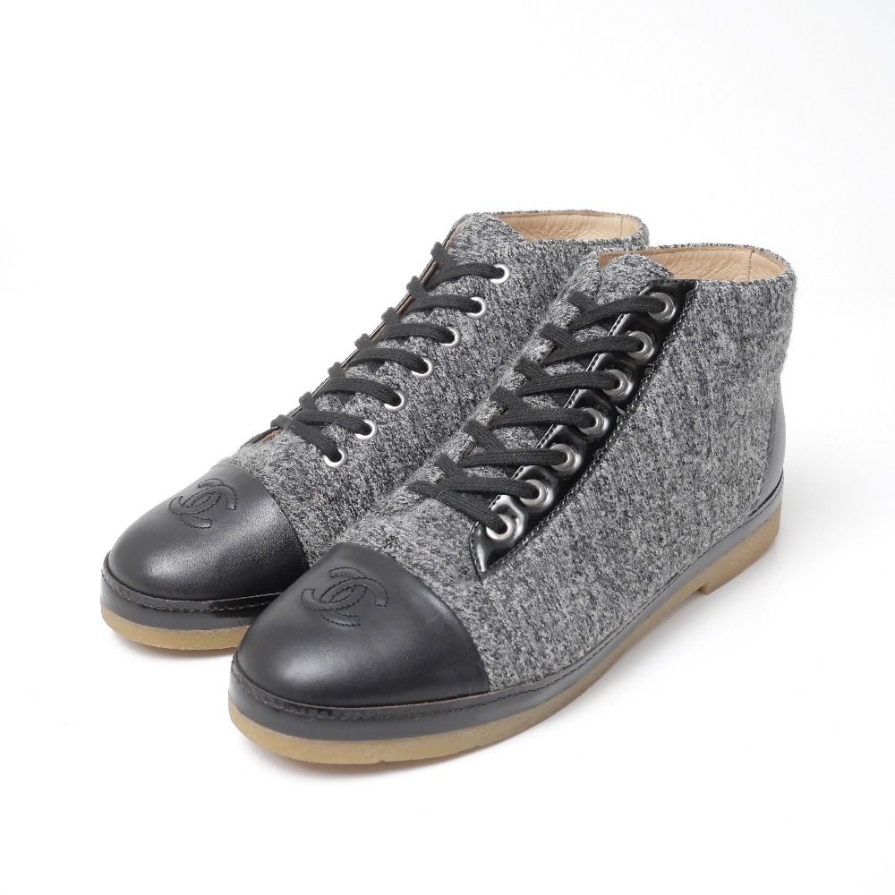 CHANEL スニーカー 38サイズ CHANEL シャネル スニーカー サイズ38 CCロゴ ツイード × ラムレザー