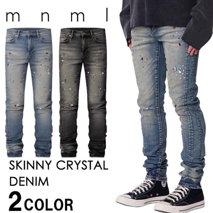 【26SS】【2カラー】【最新作】mnml クリスタル装飾ストレッチスキニーデニムパンツ 【ウォッシュ加工】【ロゴ吊り下げタグ付き】【28inc〜32inc】