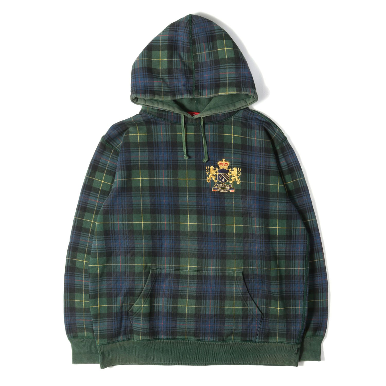 Supreme シュプリーム パーカー グリーン ネイビー サイズ:XL 00s エンブレム刺繍 タータンチェック スウェットパーカー Plaid Crest hoody トップス フーディー プルオーバー【メンズ】【中古】