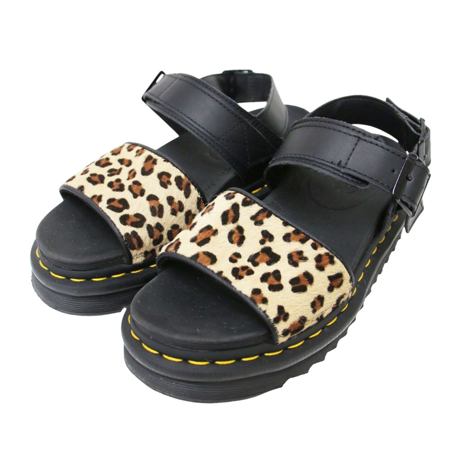 Dr.Martens ドクターマーチン サイズ:37(23.0cm) レオパード柄 ハラコ ストラップサンダル VOSS HAIR ON シューズ 厚底 ステッチ レザー ブラック 黒 ブランド シューズ 靴【レディース】【中古】