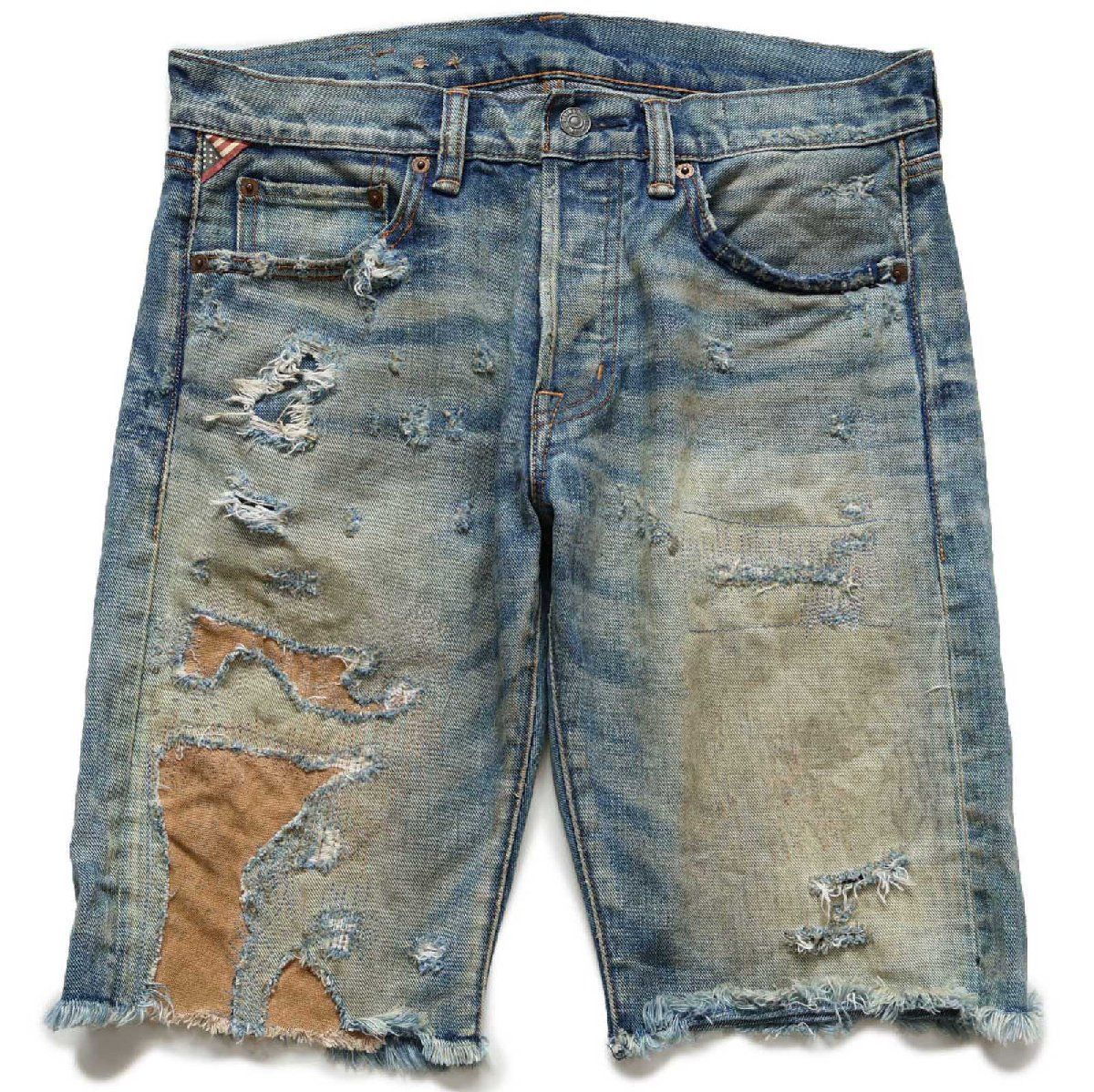 DENIM&SUPPLY ラルフローレン ダメージ&パッチワーク リペア ビンテージ加工 カットオフ デニム ショートパンツ 30★ショーツ ボロ ヒゲ