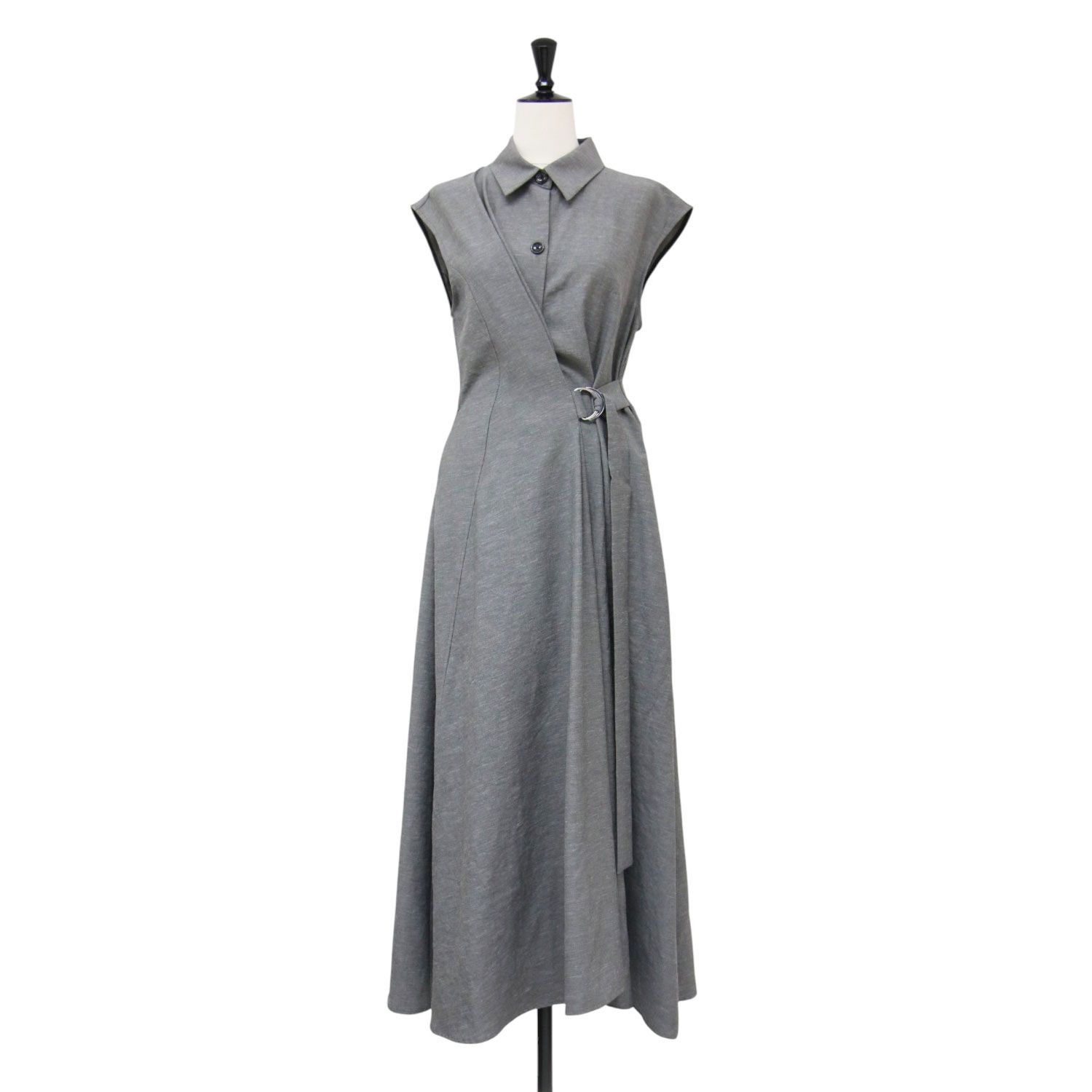 【新品】FRAY I.D フレイアイ・ディー ワンピース グレー サイズ:1(M) 25春夏 カシュクール ラップ シャツワンピース ドレス ノースリーブ ロング丈 フレア コットン リネン トップス【レディース】