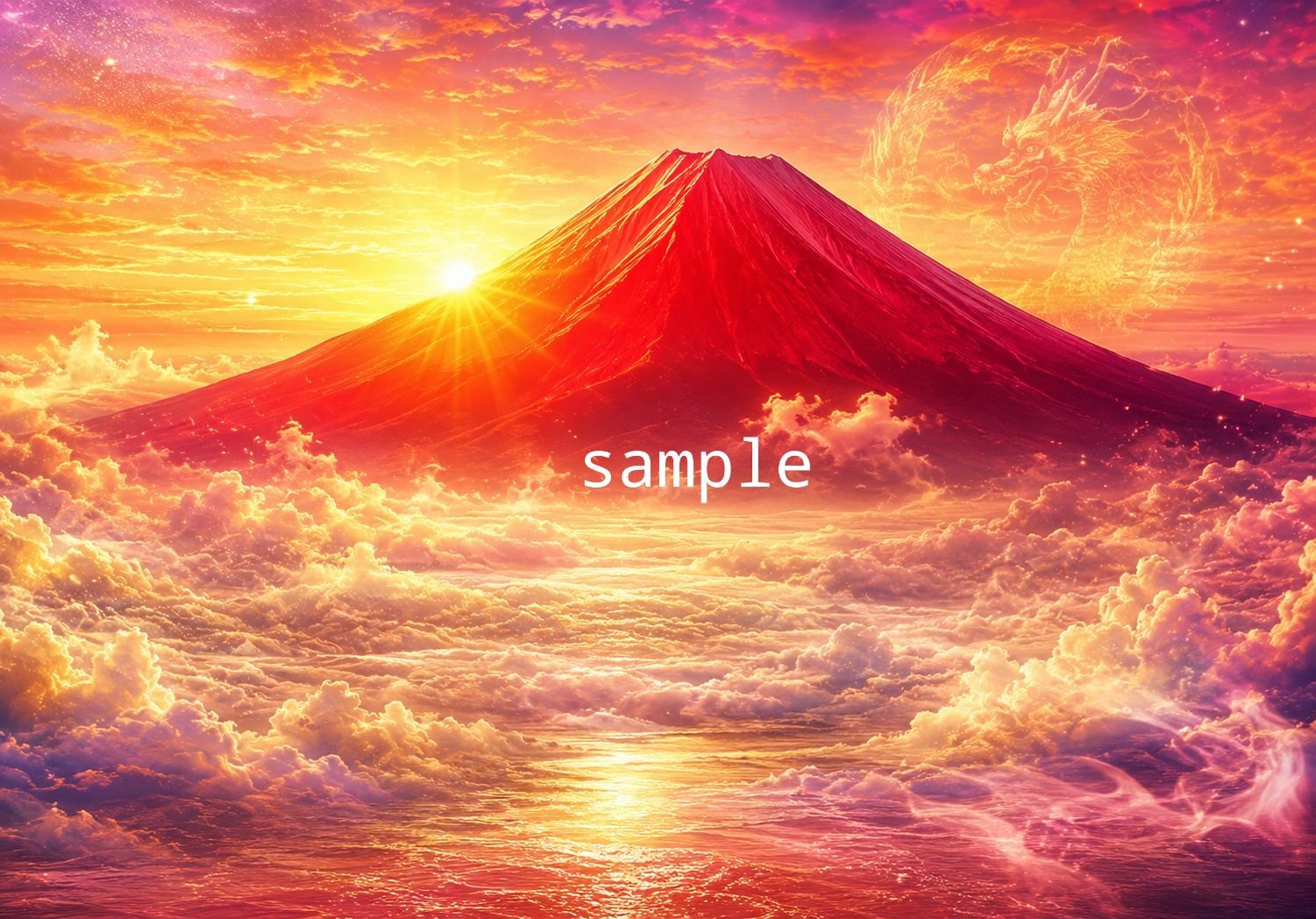 風水開運絵画＊陽光花舞双龍～赤富士～日の出 金運 愛情 仕事
