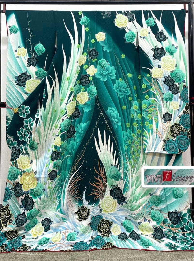 ブランド振袖 銀通し ラメ刺繍 薔薇 身丈178cm トールサイズ MO3844