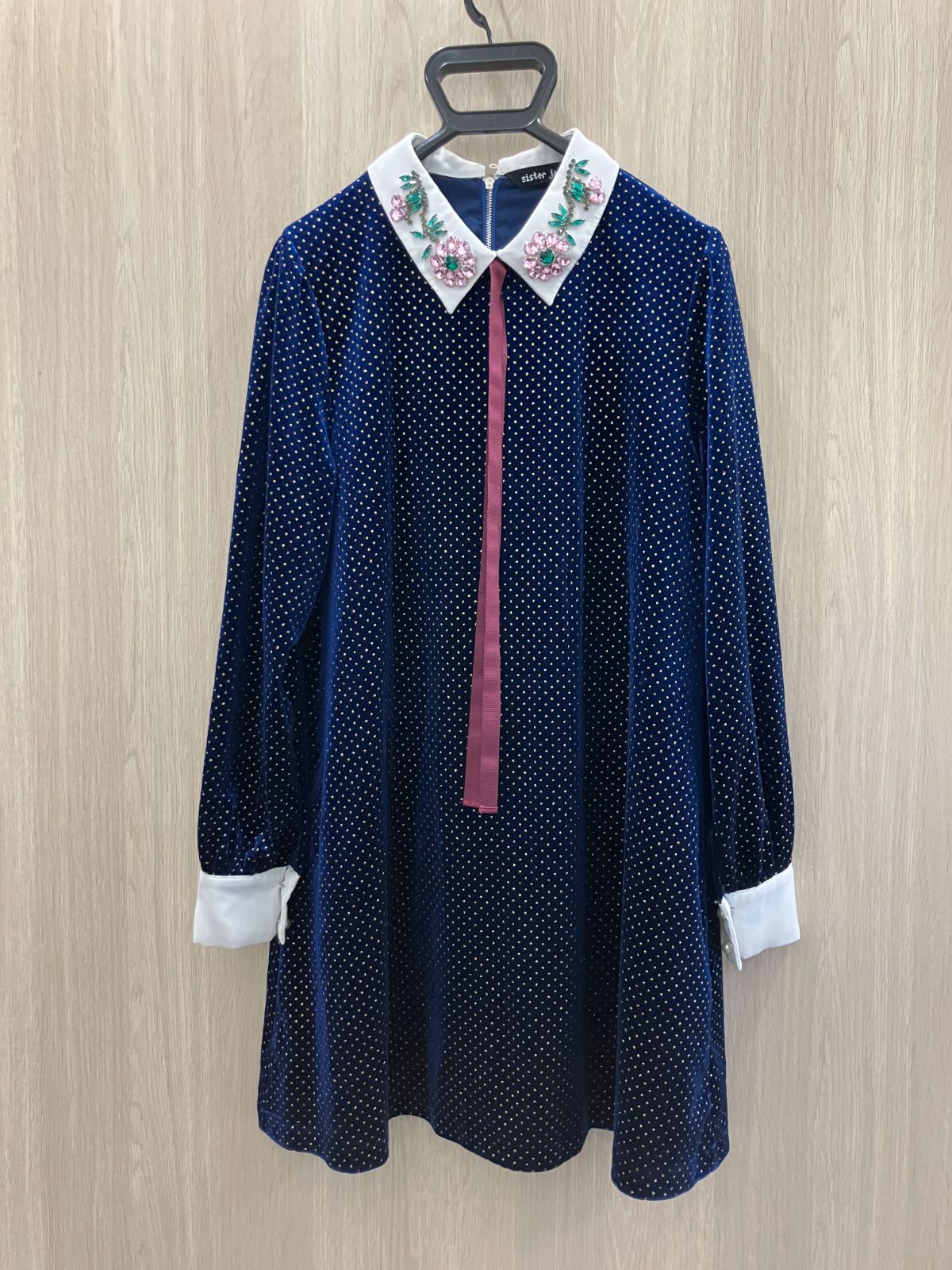 【】sister jane シスタージェーン ビジュー襟 ベロアワンピース ゴールドドット パール Sサイズ ネイビー 現状品