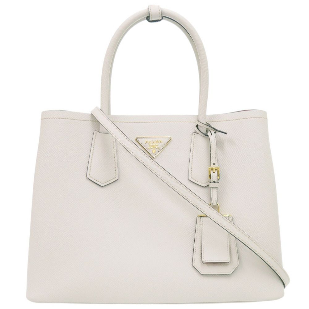 新品同様 プラダ 2WAY サフィアーノ トライアングル 1BG775 レザー アイボリー ハンドバッグ 0936 PRADA