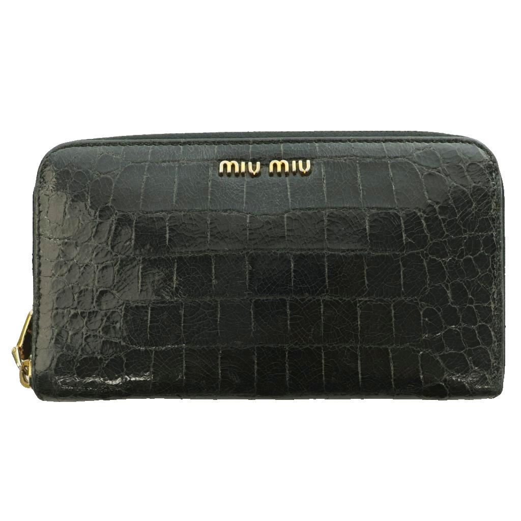 ミュウミュウ miumiu ラウンドファスナーウォレット 長財布 ロゴ レザー 黒 ブラック /SS ■OS ■OH ■GY18