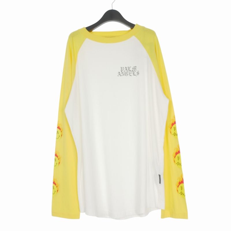 パームエンジェルス PALM ANGELS 21SS BURNING HEAD VINTAGE TEE スマイリー プリント ロングスリーブTシャツ カットソー 長袖 L ホワイト/イエロー PMAB003R21JER001 国内正規