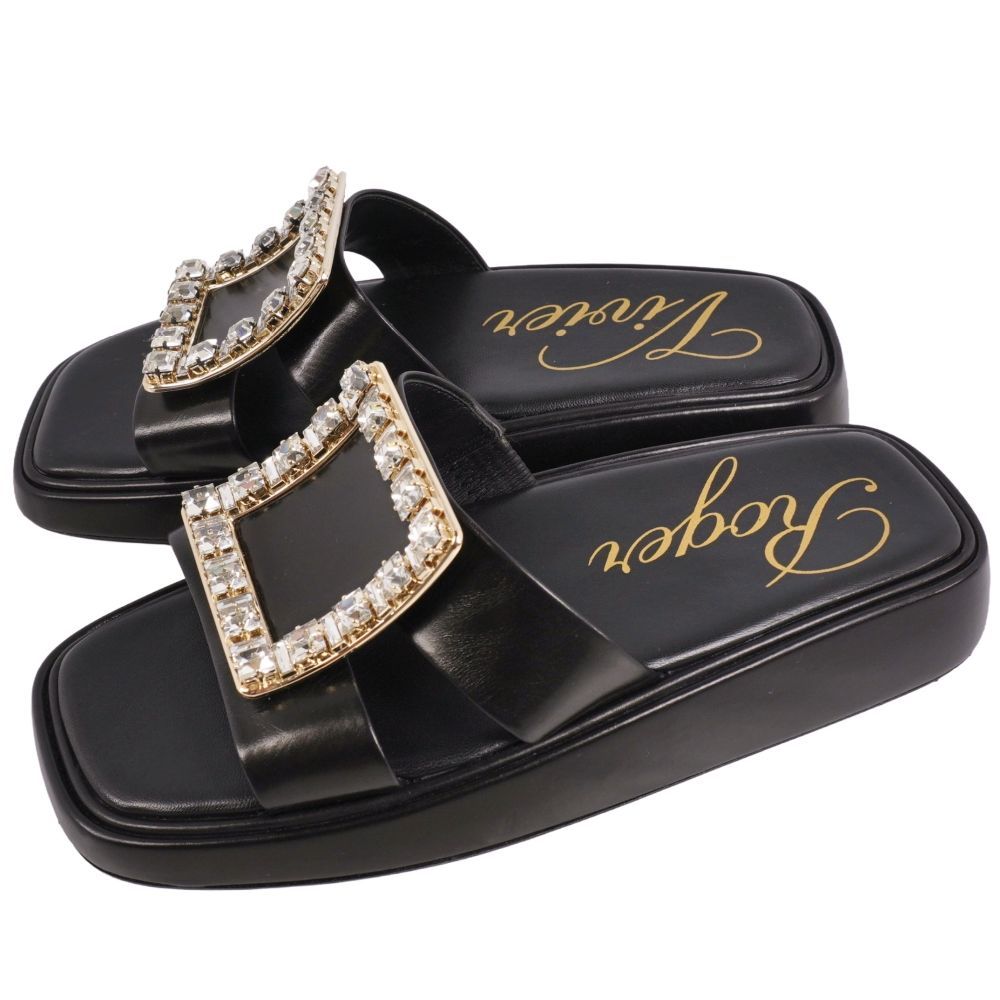極美品 ロジェヴィヴィエ Roger Vivier サンダル ビジュー装飾 レザ
