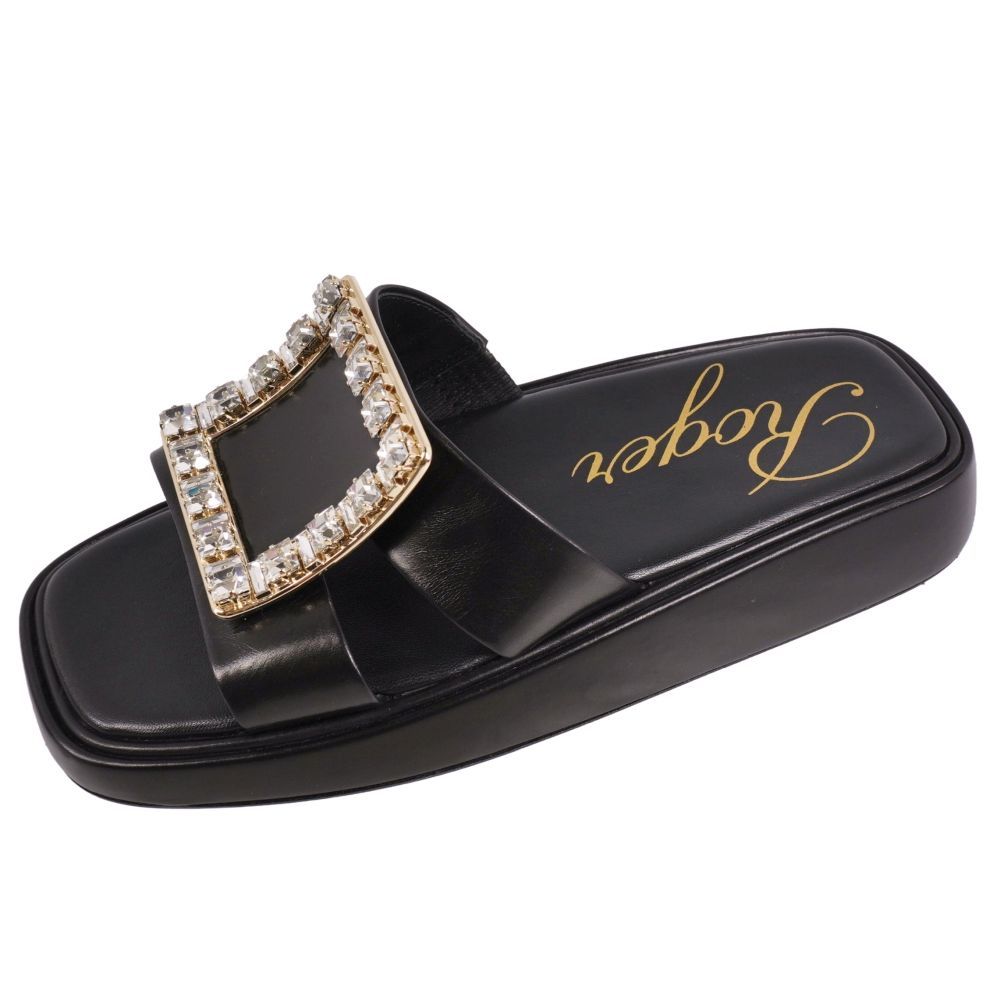 極美品 ロジェヴィヴィエ Roger Vivier サンダル ビジュー装飾 レザ