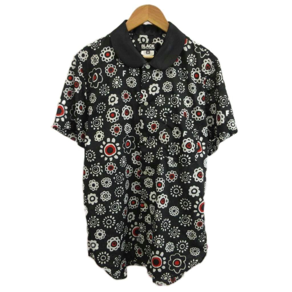 ブラックコムデギャルソン BLACK COMME des GARCONS シャツ 半袖 ラウンドカラー 花柄 総柄 M 黒 ブラック 白 ホワイト 1M-B013 /XZ ■GY19
