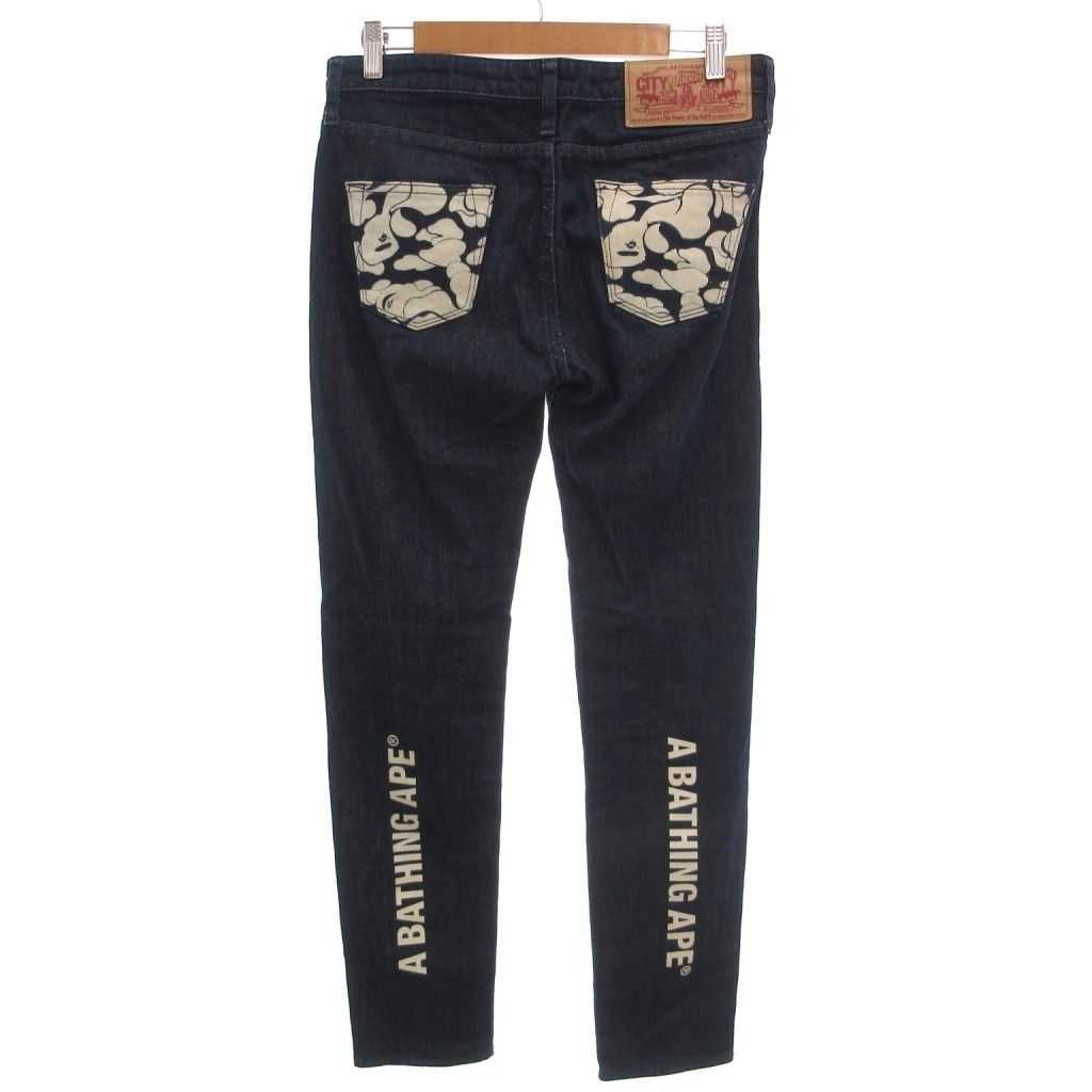 アベイシングエイプ A BATHING APE デニムパンツ ジーンズ スキニー ストレッチ ジップフライ ロゴプリント サンプル品 S インディゴブルー /GV ■GY18