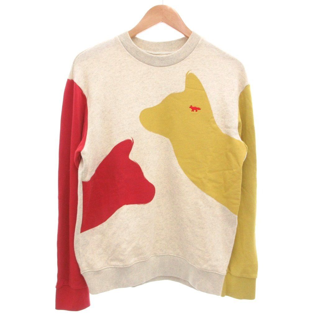 メゾンキツネ MAISON KITSUNE スウェット トレーナー 長袖 クルーネック 裏毛 コットン アニマル刺繍 S グレー 赤 レッド 黄 イエロー /GV ■GY18