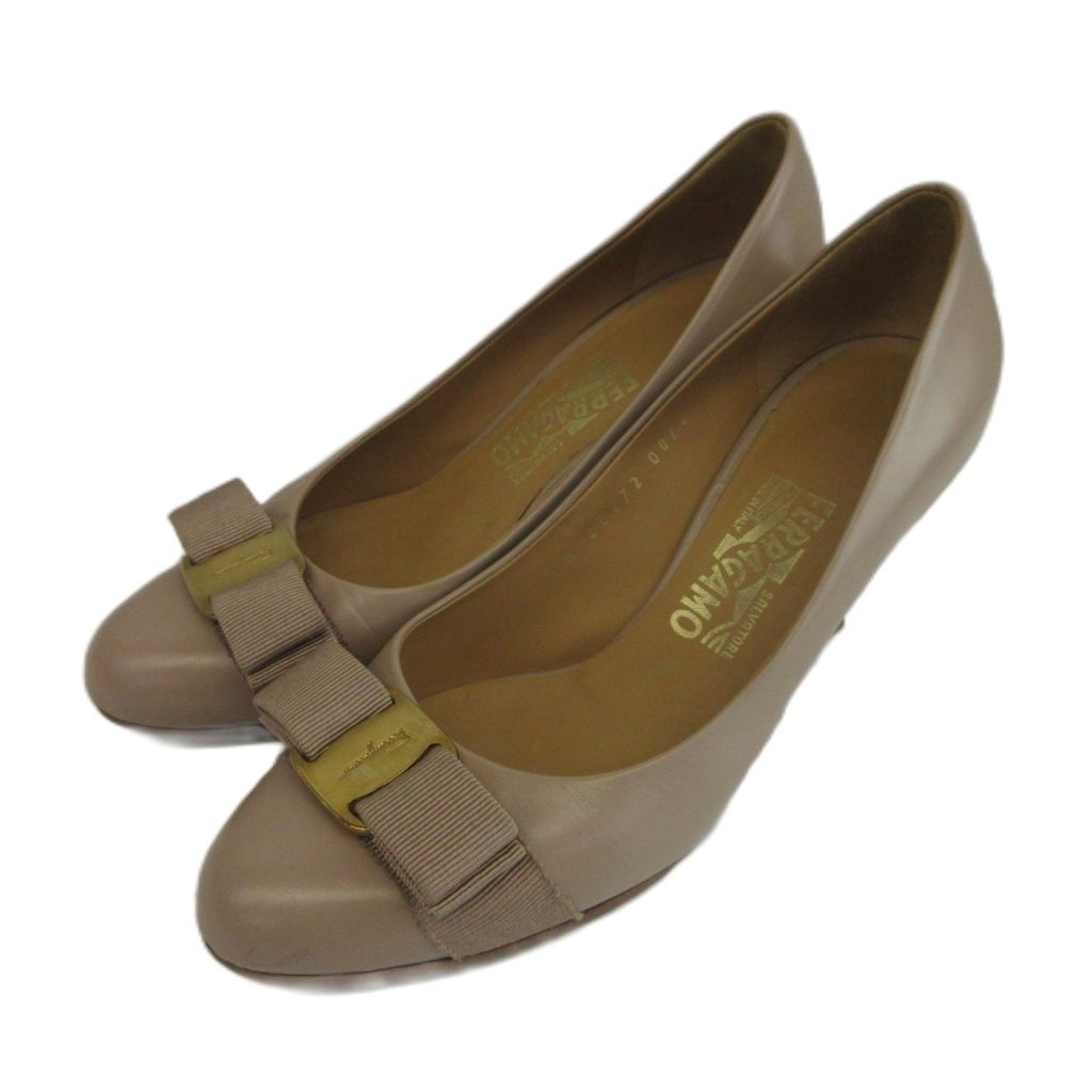 サルヴァトーレフェラガモ Salvatore Ferragamo ヴァラ リボン パンプス レザー ラウンドトゥ ハイヒール ロゴプレート 5.5 23cm ピンクベージュ /XZ ■GY50