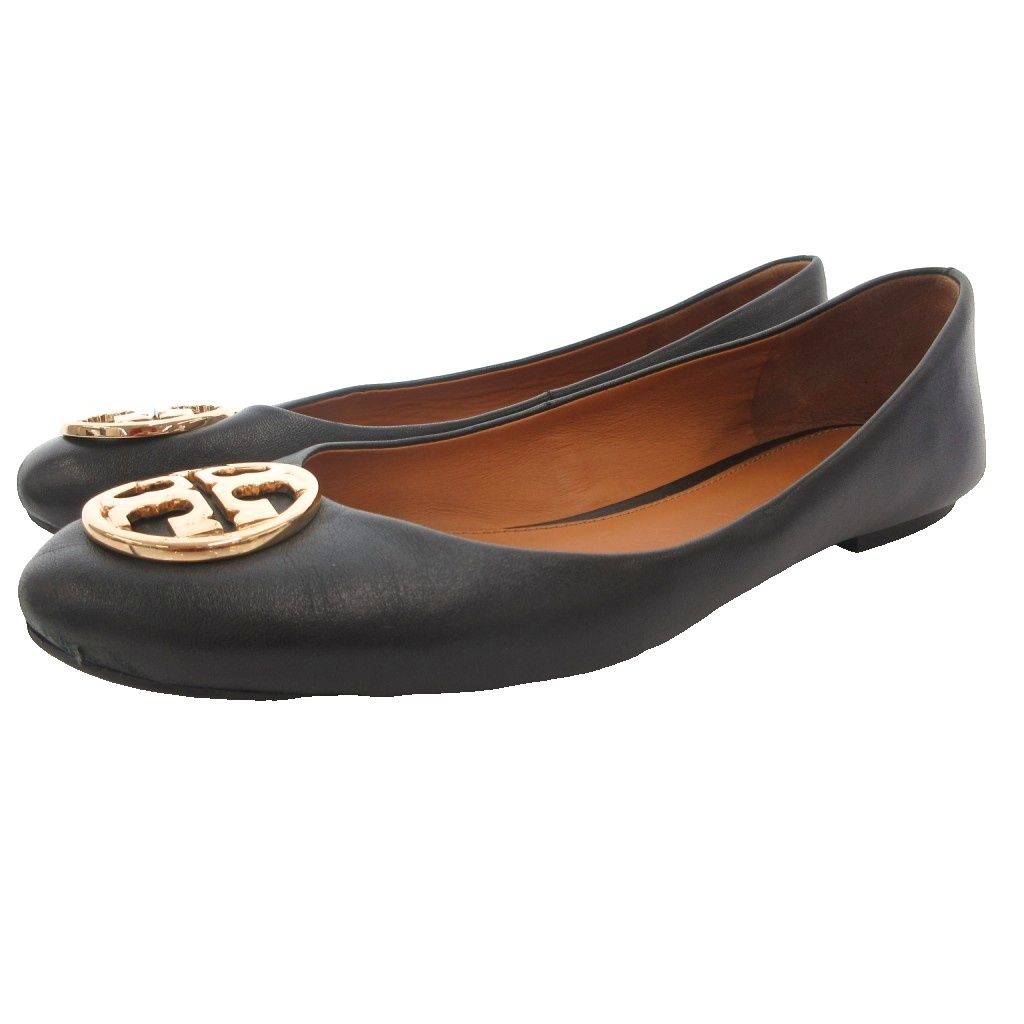 トリーバーチ TORY BURCH バレーエシューズ フラット ロゴ金具 プレート レザー 9 黒 ブラック /GV ■GY50