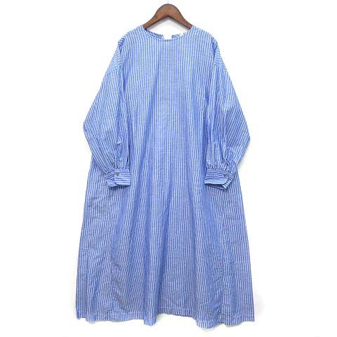 アトリエナルセ atelier naruse コットン リネン ストライプ ロング ワンピース 長袖 ブルー 青 F na-F03088