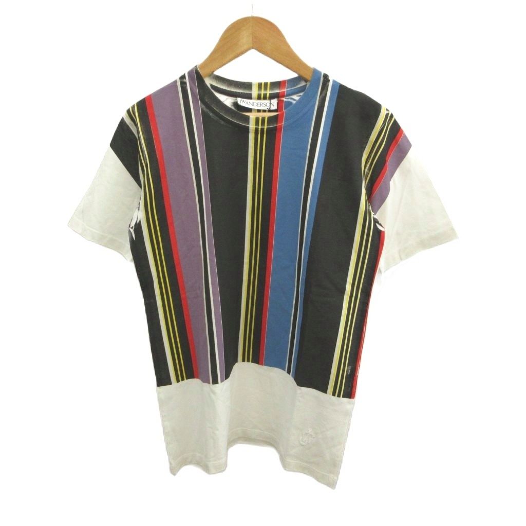 ジェイダブリューアンダーソン JWアンダーソン J.W.ANDERSON ストライプTシャツ プリントカットソー タグ付 S 白 ホワイト 黒 ブラック マルチカラー 半袖 トップス JE03018E /YU