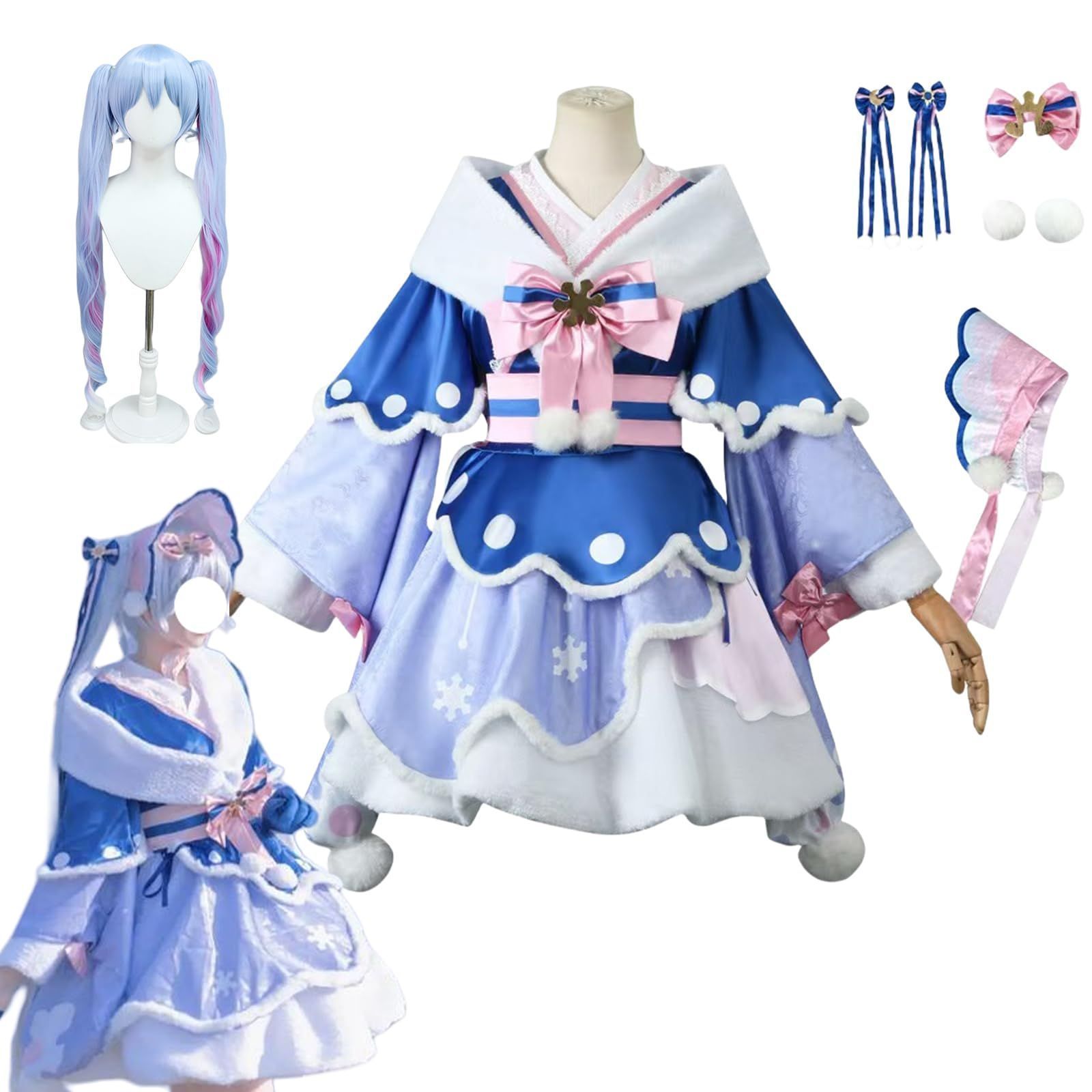 雪ミクコスプレ 初音ミクコスプレ衣装 和服 着物 浴衣 『髪飾り、飾り、ハット、ウィッグ付き』 Miku はつね ミクコスプレ 制服