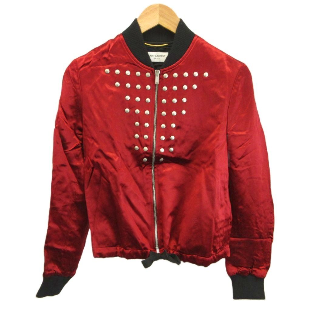 サンローラン パリ SAINT LAURENT PARIS ボンバージャケット ブルゾン サテン シルク混 ジップアップ スタッズ 34 XS 赤 レッド 606737 Y587S /XZ ■GY19