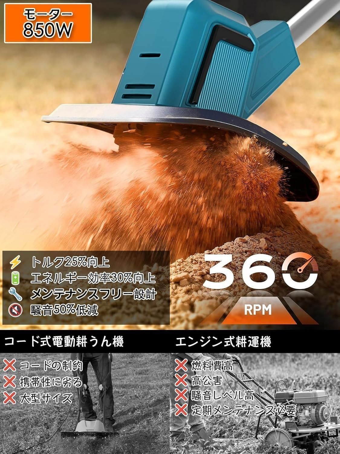 電動耕うん機 コードレス充電式耕運機 家庭用 850W強力ブラシレス