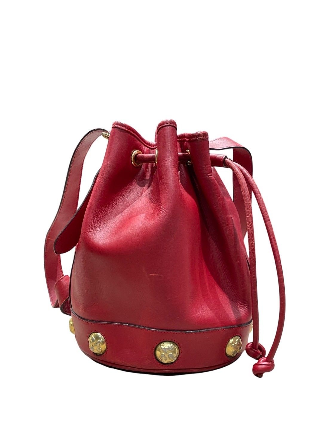 Salvatore Ferragamo (サルヴァトーレフェラガモ) ゴールドボタン装飾 巾着型 レザーショルダーバッグ AN 21 1149 レッド ー