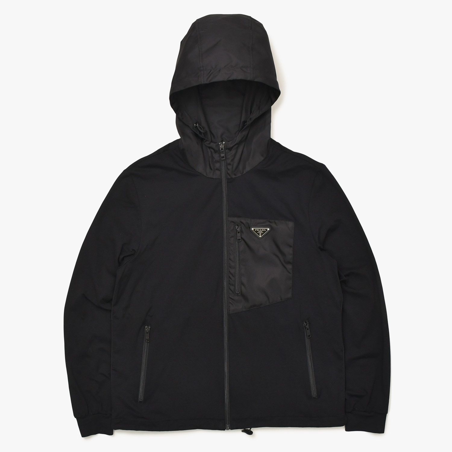 極美品 PRADA プラダ テクニカルコットン × Re-Nylon リナイロン ジップアップ パーカー UJL79A ブラック トライアングルロゴプレート Sサイズ 中古 4a004375