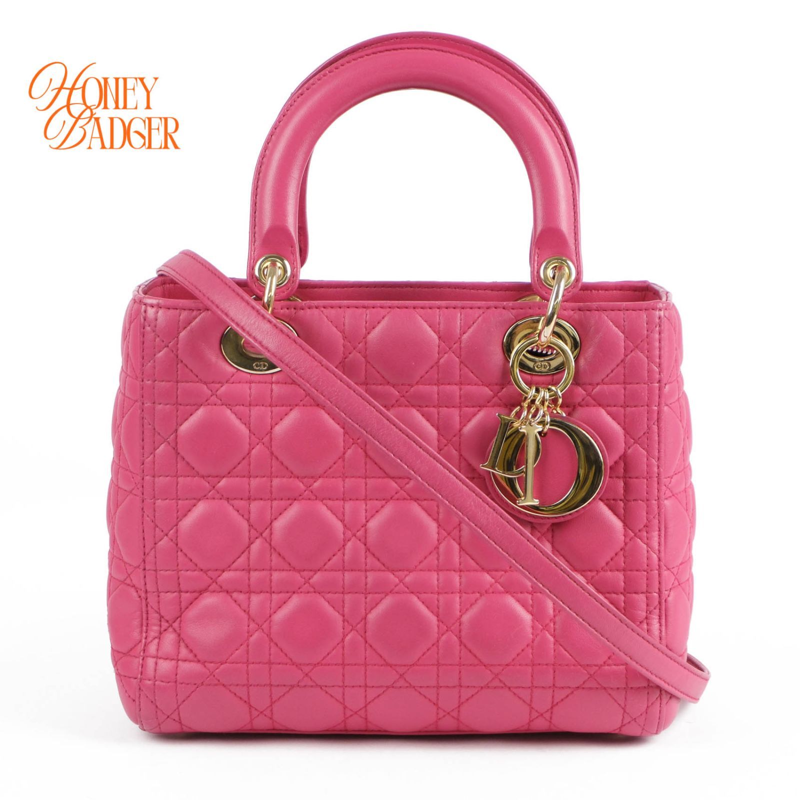 【良品】ディオール DIOR レディディオール ミディアム カナージュ ラムスキン ピンク 2WAY ハンドバッグ ショルダー 斜め掛け ゴールド金具