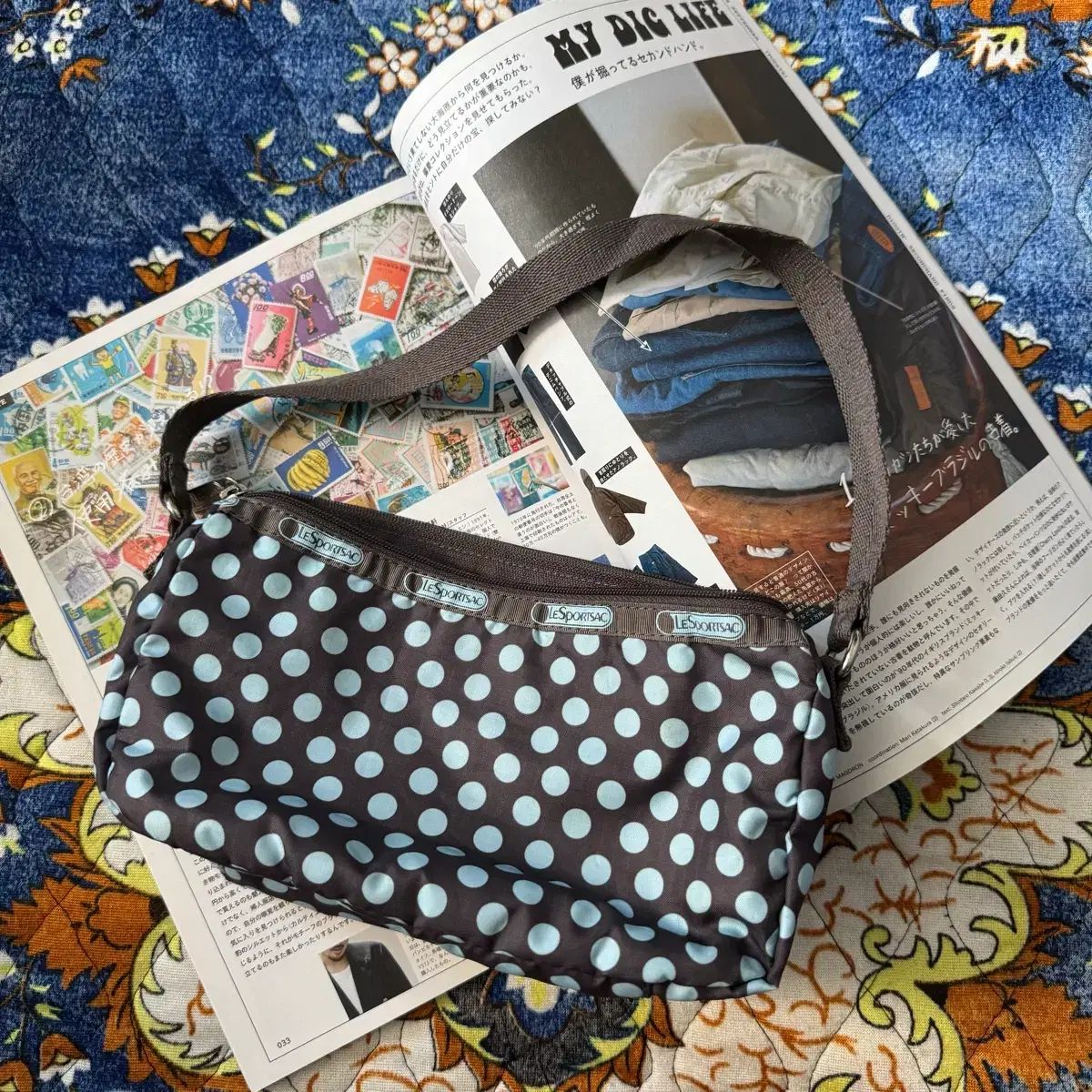 ヴィンテージ LeSportsac レスポートサック ブラウン ブルー ドット パータン トートバッグ ショルダーバッグ バッグ