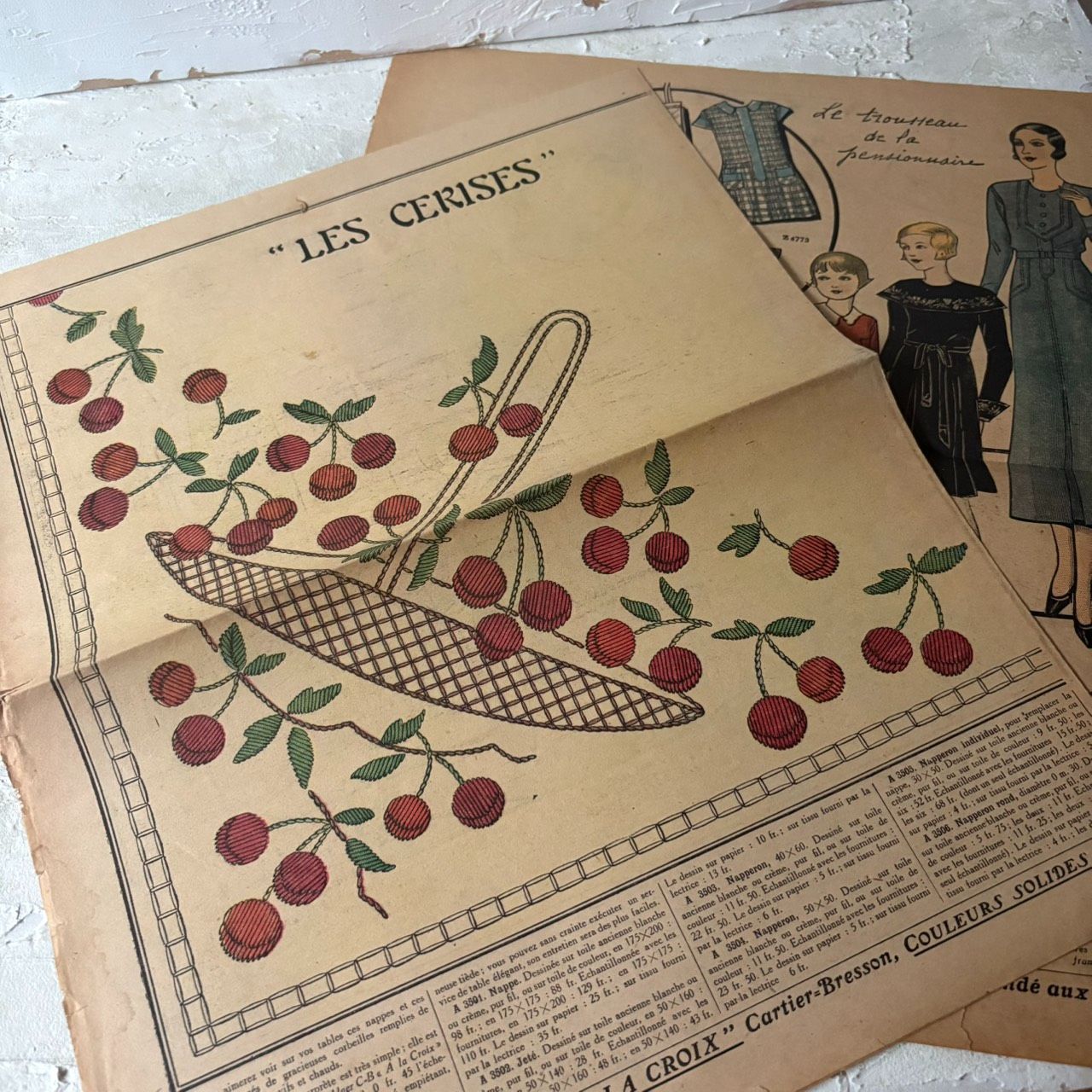 フランスアンティーク 刺繍図案 2枚セット Cartier-Bresson さくらんぼ