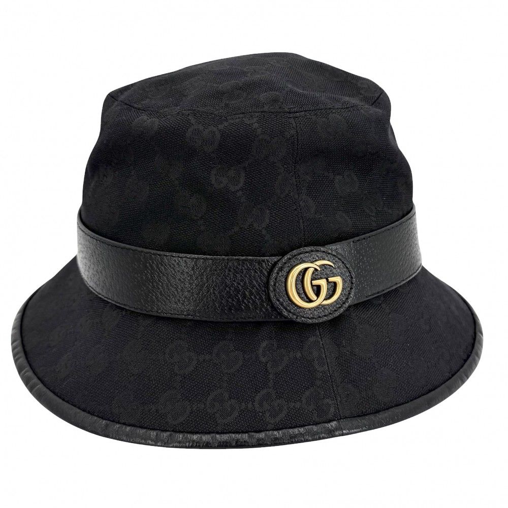グッチ 帽子 ユニセックス GGキャンバス バケットハット ダブルG ファッションアイテム Lサイズ GUCCI 576587 ポリエステル コットン ナイロン ブラック 黒 ゴールド金具 美品【中古品】
