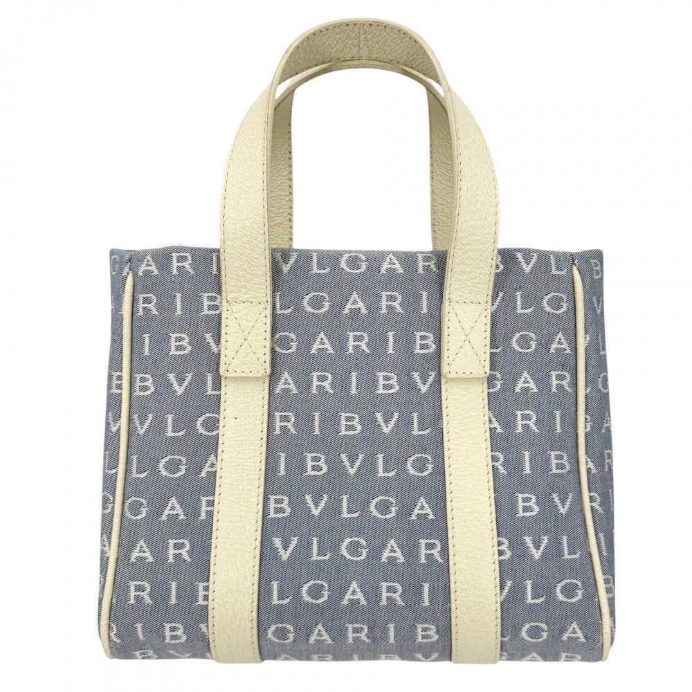 ブルガリ ハンドバッグ レディース ロゴマニア ミニトートバッグ BVLGARI キャンバス レザー ブルー 青 グリーン 緑【中古品】