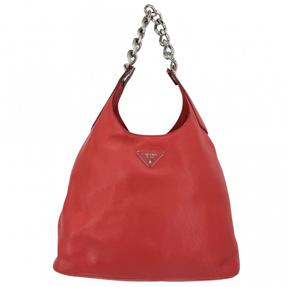 プラダ ハンドバッグ レディース トライアングルロゴ チェーン PRADA 1BC026 レザー レッド 赤 シルバー金具【中古品】