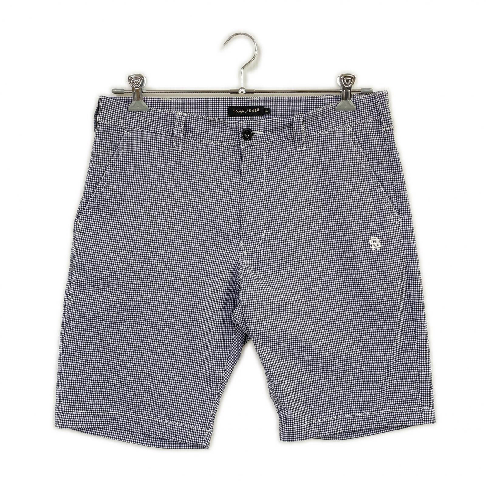 中古 メンズ ラフ＆スウェル rough&swell ハーフパンツ L 白×紺 ホワイト×ネイビー ギンガムチェック 薄手 メッシュ裏地