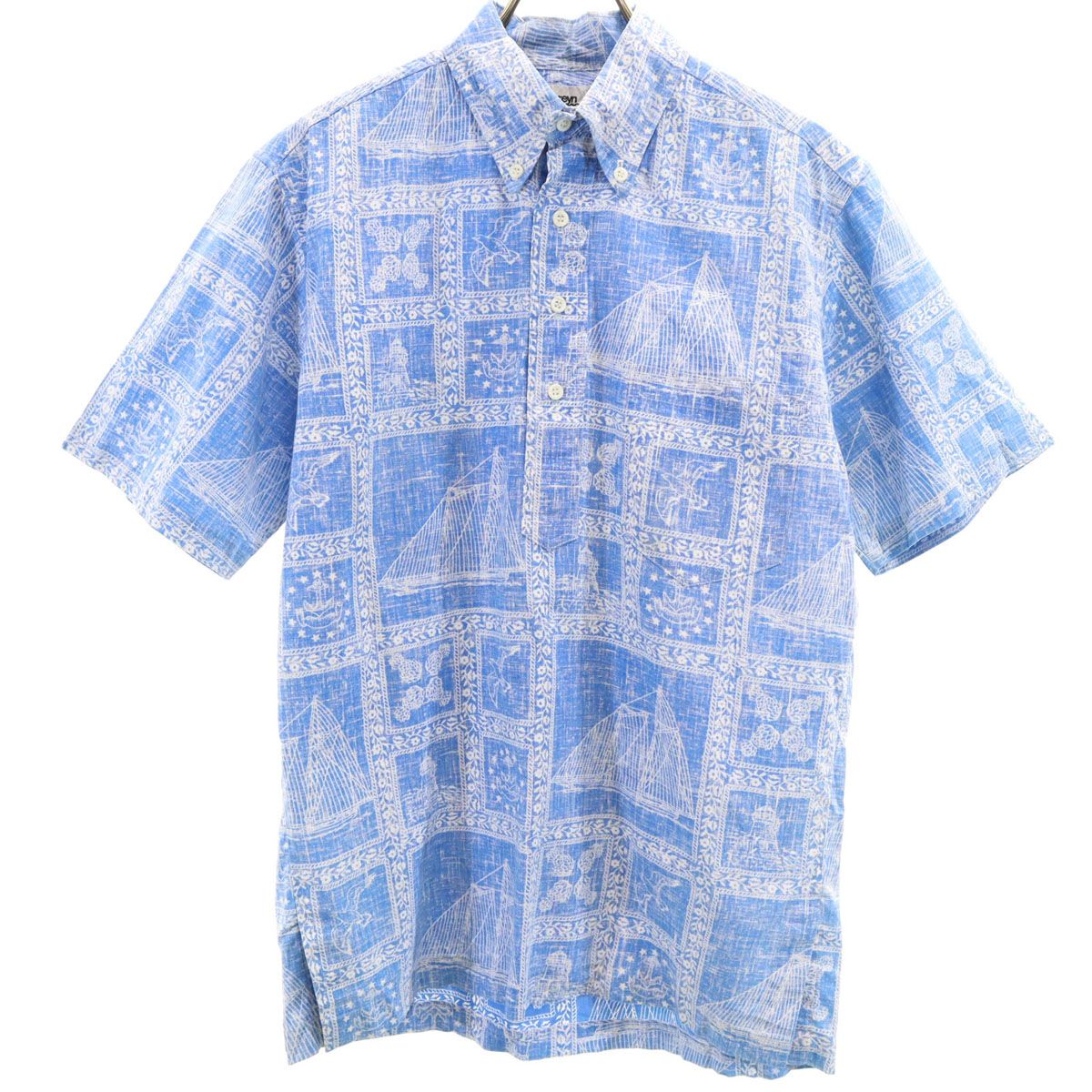 reyn spooner レインスプーナー 80s リバースプリント ヴィンテージ 総柄 半袖 ハーフボタン ボタンダウン アロハシャツ S ブルー系 プルオーバー メンズ 古着