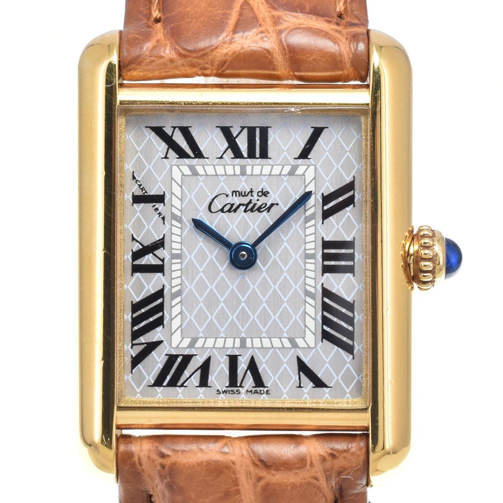 カルティエ CARTIER W1018587 マストタンク SM SV925(GP)/レザー ブルー クォーツ レディース 美品 腕時計 N#148682